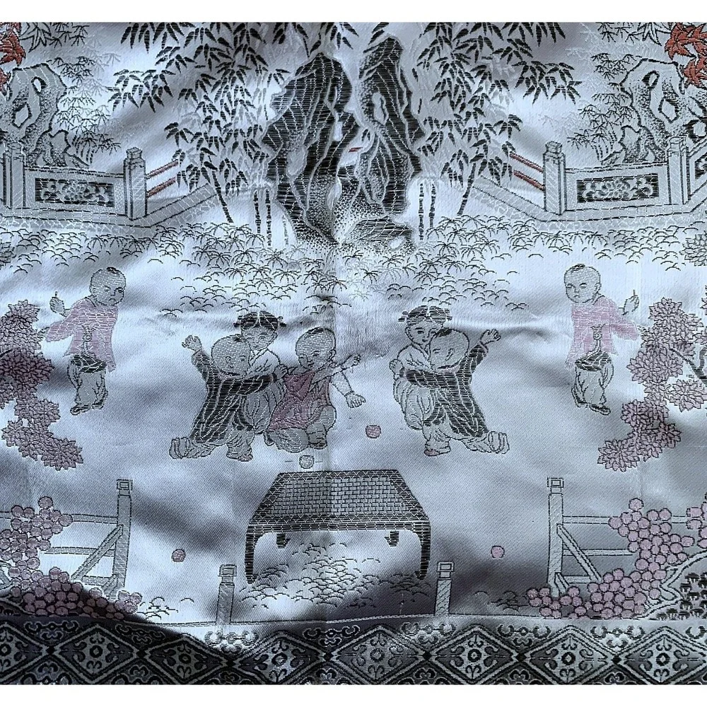 Vtg 1950's Chinese Silk Brocade Tablecloth Children at Play Dragon Parade 70x78